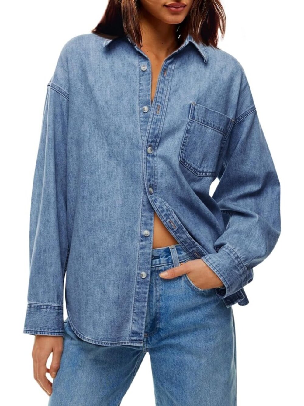 Women’s Jean Blue Long Sleeve Button Down Oversized Shacket Casual Jacket
